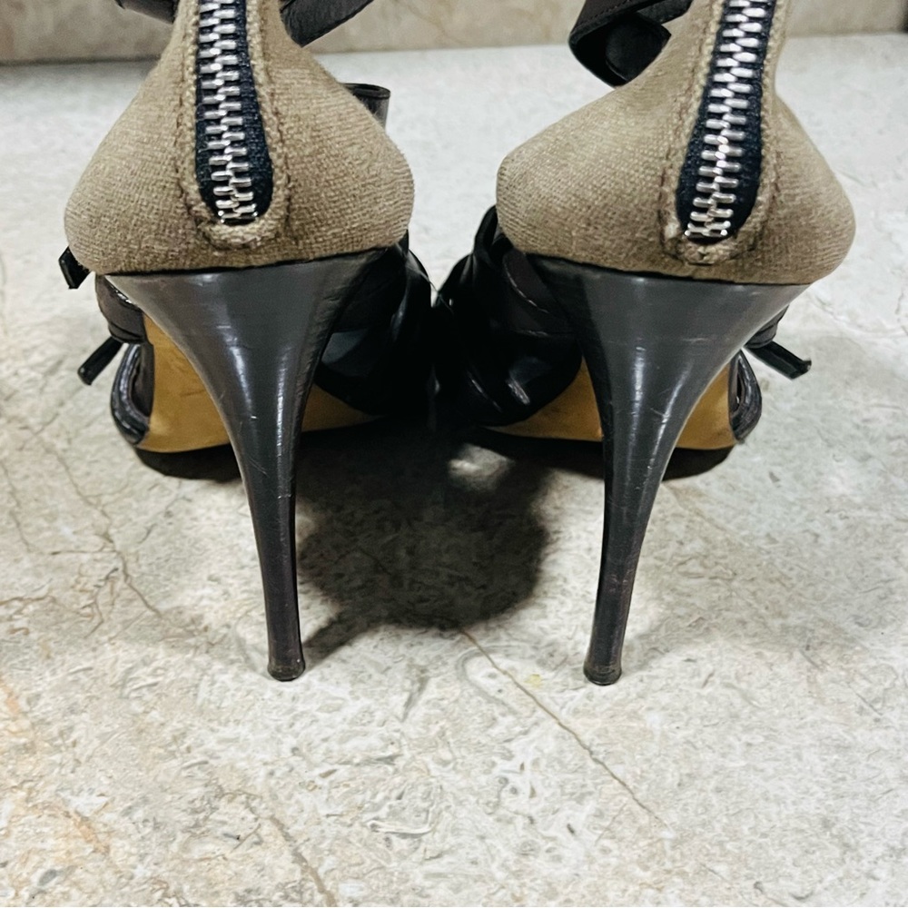Giuseppe Zanotti Brown Leather and Khaki Canvas Stiletto Sandals - Picture 5 of 8
